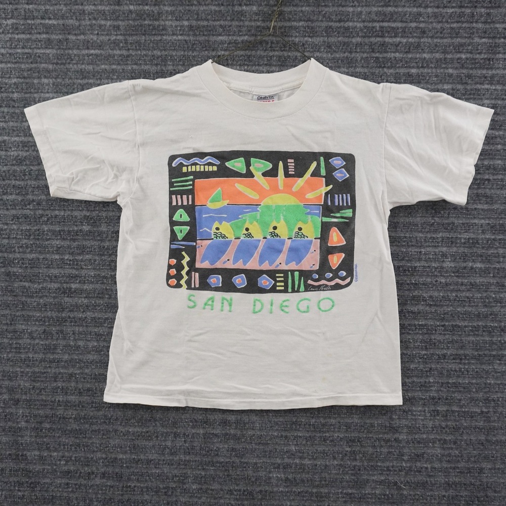 Vintage Oneita San Diego Graphic T-Shirt Mens M White Abstract Sun Art